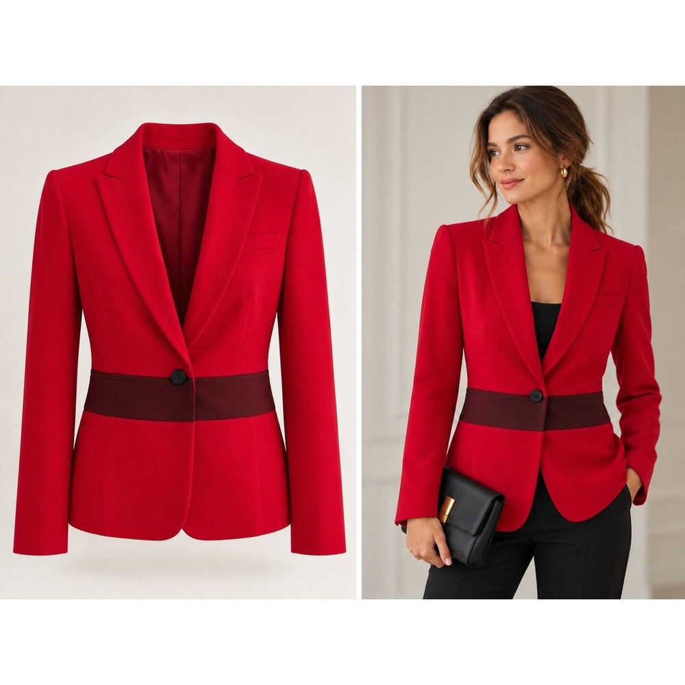 Anne Klein Red Burgundy Colorblock Fitted Blazer Jacket Womens Size 2